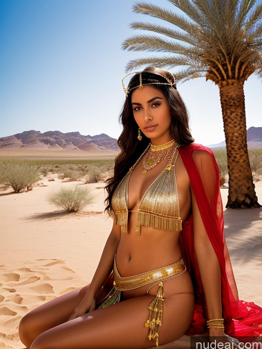 ai nude image of araffe woman in a gold bikini and red cape sitting on a rock pics of Miss Universe Model One Beautiful Thick Perfect Body Tanned Skin 18 Serious Black Hair Long Hair Arabic Film Photo Oasis Front View Straddling Santa Gold Jewelry Detailed Sari Transparent