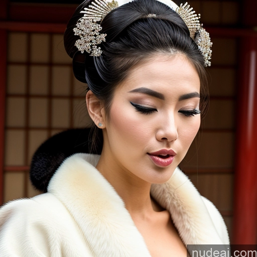 ai nude image of araffe woman in a fur coat looking at her cell phone pics of Small Tits Orgasm Ahegao Hair Bun Thai Fur Miss Universe Model Perfect Boobs On Back Geisha