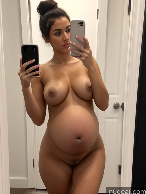 ai nude image of pregnant woman taking selfie in mirror with cell phone pics of Perfect Boobs Big Hips Perfect Body Pubic Hair Pregnant Tanned Skin 18 Serious Black Hair Hair Bun Spanish Mirror Selfie Front View Nude Detailed