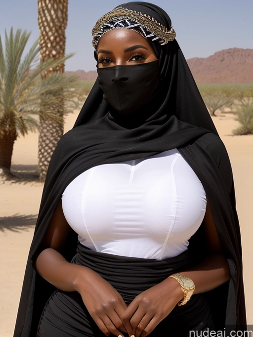 ai nude image of araffe woman in a black scarf and white top in the desert pics of Oasis Huge Boobs African Thick Wedding Niqab