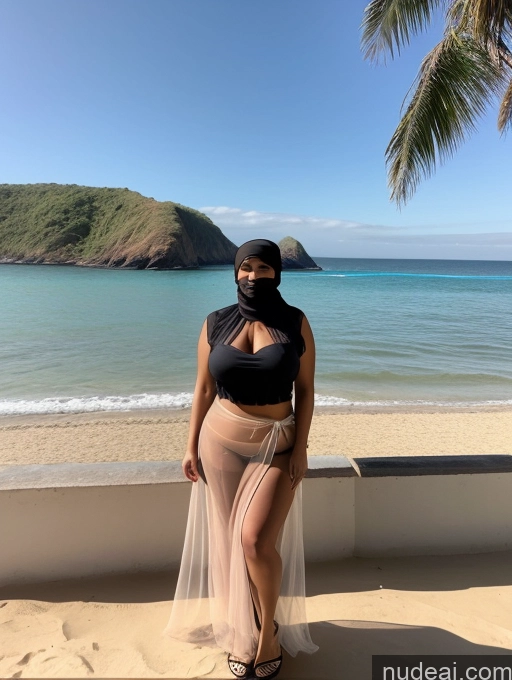 ai nude image of araffe woman in a black top and a sheer skirt standing on a beach pics of One Chubby Sexy Face Black Hair Indonesian Transparent Big Hips Front View High Heels Messy Beach Blouse Huge Boobs Woman Big Ass 50s Long Skirt Niqab Partially Nude