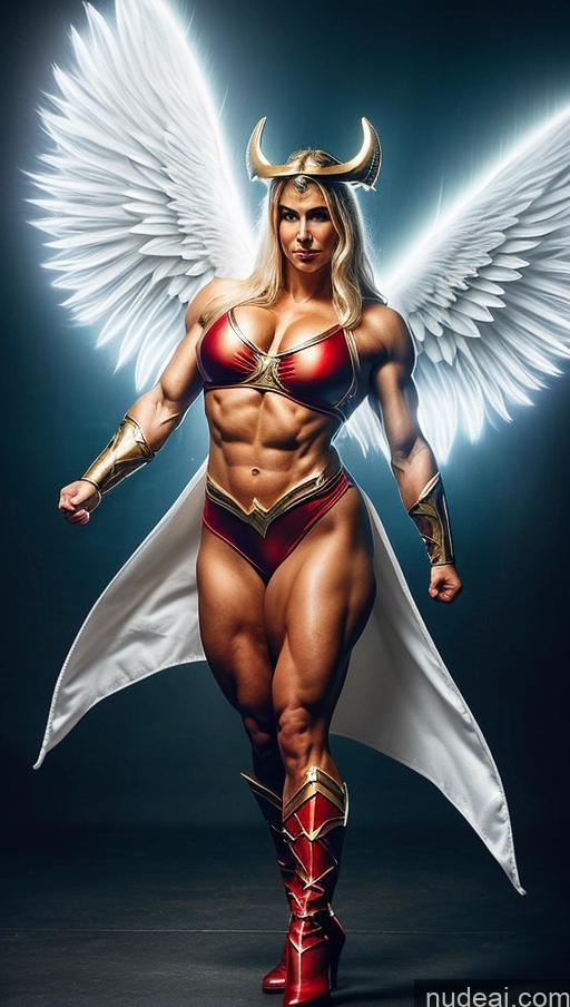 ai nude image of a woman in a costume with wings and a cape pics of Angel Superhero Viking Abs Bodybuilder Muscular Busty Powering Up