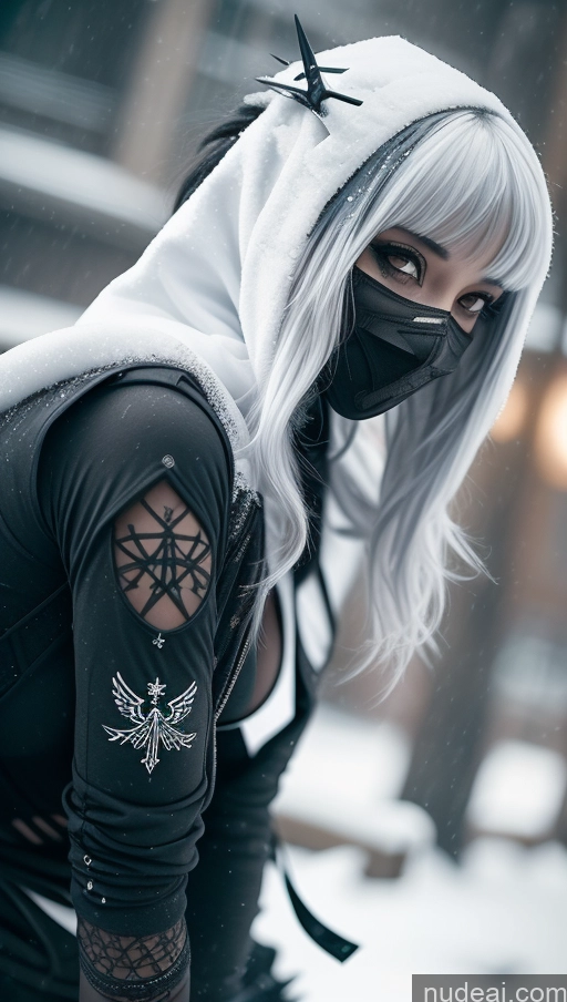 ai nude image of arafed woman with white hair and a black mask on pics of Ethiopian Snow Close-up View Gothic Punk Girl Angel Athlete Busty Perfect Boobs