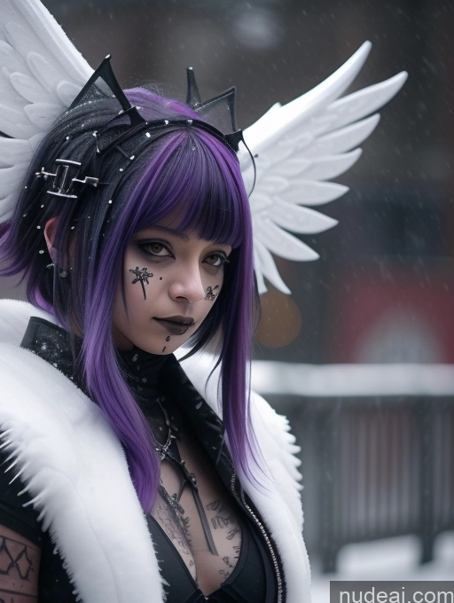 ai nude image of arafed woman with purple hair and white wings in a black outfit pics of Athlete Perfect Boobs Purple Hair Ethiopian Snow Close-up View Angel Gothic Punk Girl