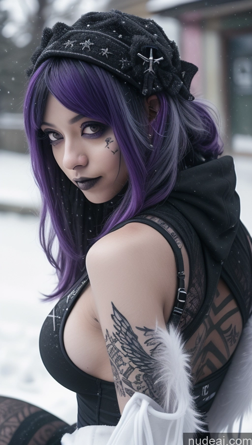 ai nude image of arafed woman with purple hair and black and white outfit posing for a picture pics of Athlete Perfect Boobs Purple Hair Ethiopian Snow Close-up View Angel Gothic Punk Girl