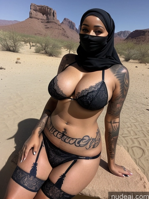 ai nude image of arafed woman in a black bikini and black head scarf posing in the desert pics of Stockings Huge Boobs 30s Oasis Thick Tattoos Niqab Nigerian