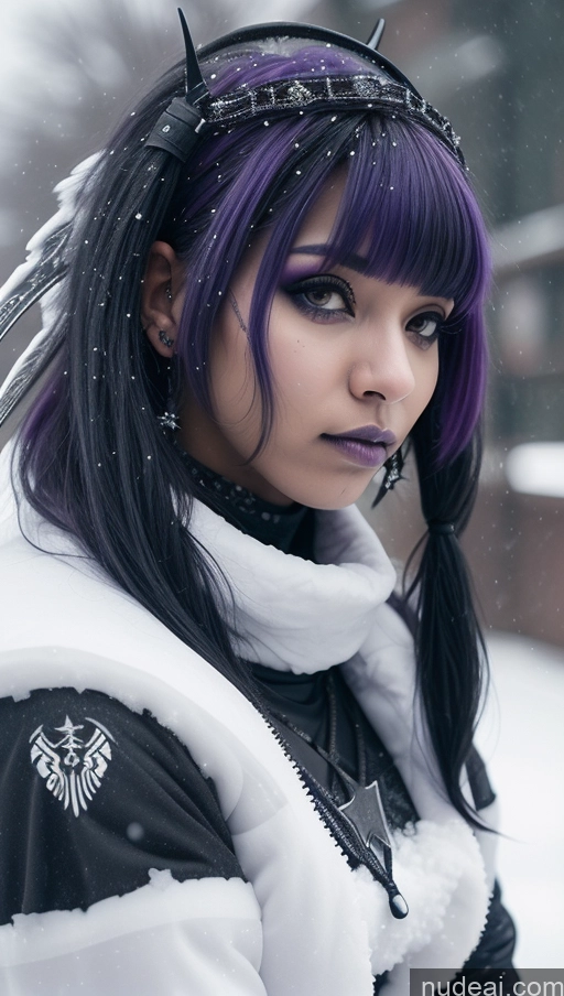 ai nude image of arafed woman with purple hair and a white jacket in the snow pics of Athlete Perfect Boobs Purple Hair Ethiopian Snow Close-up View Angel Gothic Punk Girl