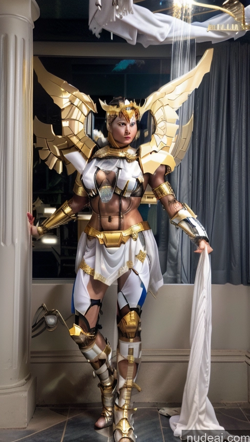 ai nude image of araffe dressed in a costume with wings and gold armor pics of Tie SuperMecha: A-Mecha Musume A素体机娘 Menstoga, White Robes, In White And Gold Costumem, Gold Headpiece, Gold Belt, Gold Chain Woman Muscular Abs SSS: A-Mecha Musume A素体机娘 Knight Space Suit Sci-fi Armor Powering Up Heat Vision Dynamic View Perfect Boobs Busty Captain Marvel Shower