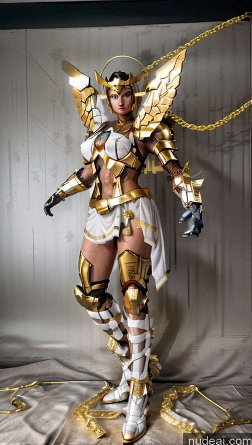 ai nude image of araffe dressed in a costume with gold chains and wings pics of Tie SuperMecha: A-Mecha Musume A素体机娘 Menstoga, White Robes, In White And Gold Costumem, Gold Headpiece, Gold Belt, Gold Chain Woman Muscular Abs SSS: A-Mecha Musume A素体机娘 Knight Space Suit Sci-fi Armor Powering Up Heat Vision Dynamic View Perfect Boobs Busty Captain Marvel Shower