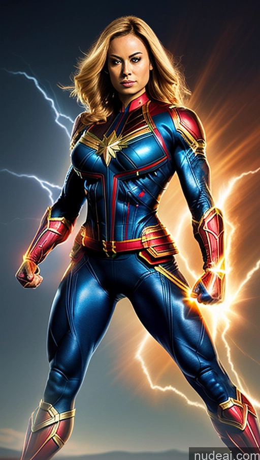 ai nude image of araffe woman in a captain marvel costume standing in front of a lightning pics of Busty Abs Captain Marvel Bodybuilder Muscular Mech Suit Powering Up Fantasy Armor