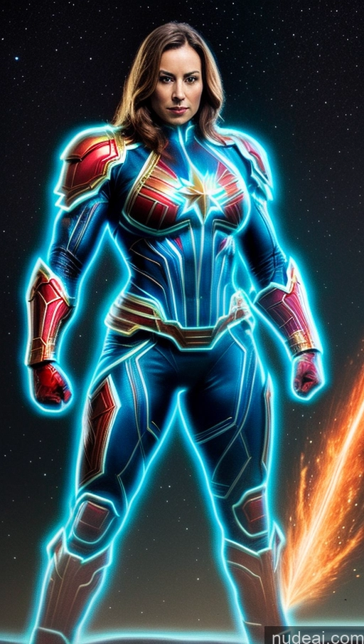 ai nude image of a woman in a blue suit standing in front of a star filled sky pics of Busty Abs Captain Marvel Bodybuilder Muscular Mech Suit Powering Up Fantasy Armor Sci-fi Armor Knight Space Suit Regal Neon Lights Clothes: Blue