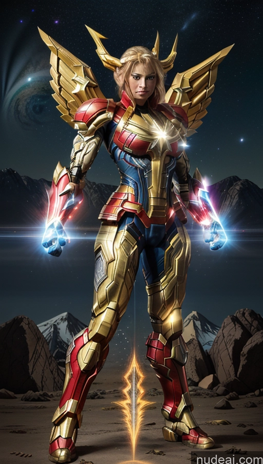 ai nude image of arafed image of a woman in a golden armor costume pics of Busty Abs Captain Marvel Bodybuilder Muscular SuperMecha: A-Mecha Musume A素体机娘 Has Wings Powering Up