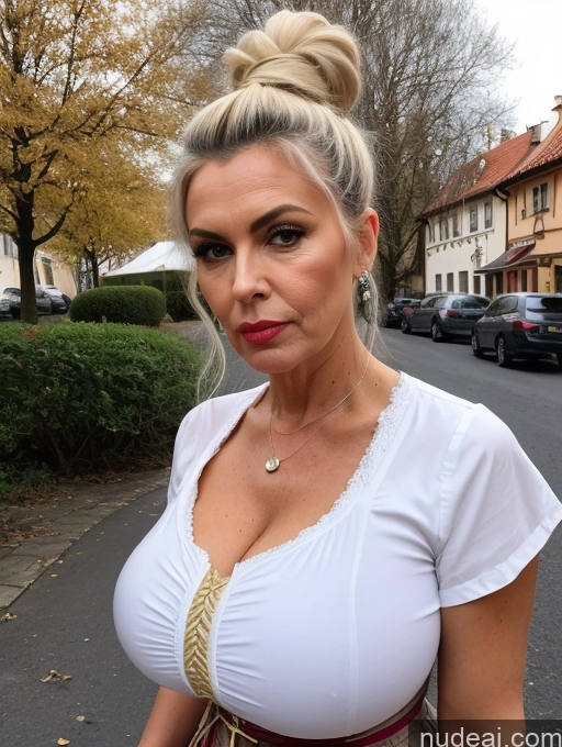 ai nude image of blonde woman with a messy bun in a white top and a gold tie pics of Milf Huge Boobs Big Ass Big Hips Long Legs Pubic Hair 60s Pouting Lips Czech Medieval Hair Tied Up Legspread Traditional Street