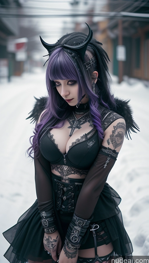 ai nude image of arafed woman with purple hair and black lingersuit posing in the snow pics of Athlete Purple Hair Ethiopian Snow Angel Gothic Punk Girl Perfect Boobs Cleavage Close-up View