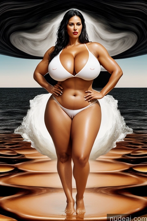 ai nude image of arafed woman in a white bikini standing on a beach pics of Woman One Busty Huge Boobs Perfect Boobs Lipstick Muscular Big Ass Abs Chubby Fat Big Hips Long Legs Long Hair Fairer Skin Oiled Body 40s Nude Detailed Hell Surrealist Black Hair