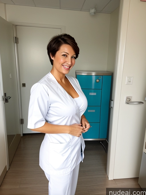 ai nude image of there is a woman in a white robe standing in a room pics of Wife Or Girlfriend Busty Big Hips Big Ass Pubic Hair 50s Brunette White Happy Pixie Skinny Fat Hospital Nurse Cleavage