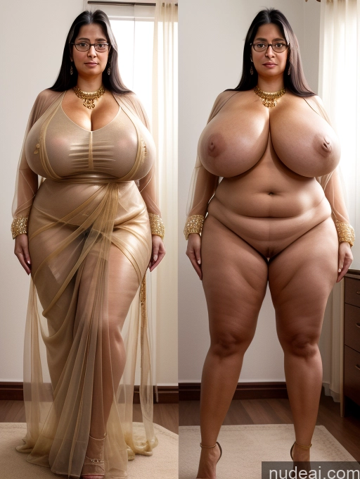 ai nude image of two women in dresses and gold jewelry posing for a picture pics of One Busty Huge Boobs Beautiful Big Ass Long Legs Tall Perfect Body 30s Black Hair Straight Bedroom Front View Nude Gold Jewelry Jewelry Milf Glasses Serious Indian Spreading Legs Blouse Sari Transparent Onoff