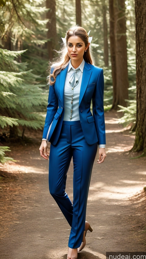 ai nude image of arafed woman in a blue suit and white shirt walking in the woods pics of Suit Fairy