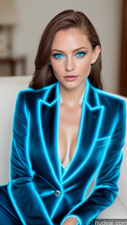 ai nude image of there is a woman in a blue suit sitting on a couch pics of Suit Deep Blue Eyes Neon Lights Clothes: Blue