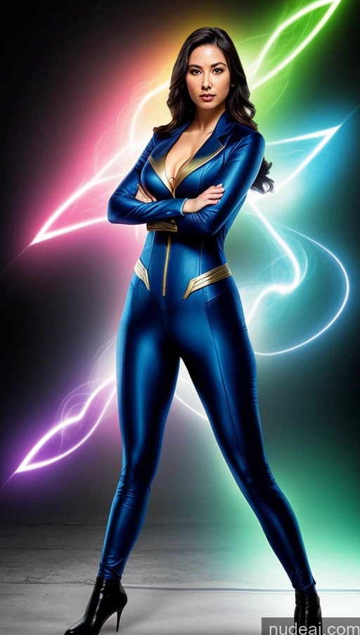 ai nude image of a woman in a blue suit posing with her arms crossed pics of Suit Powering Up Superheroine