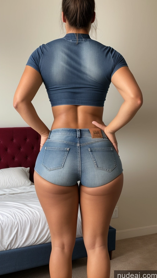 ai nude image of araffed woman in a blue shirt and jeans standing in a bedroom pics of Athlete Big Ass Big Hips Jeans Bedroom Short Shorts Back View