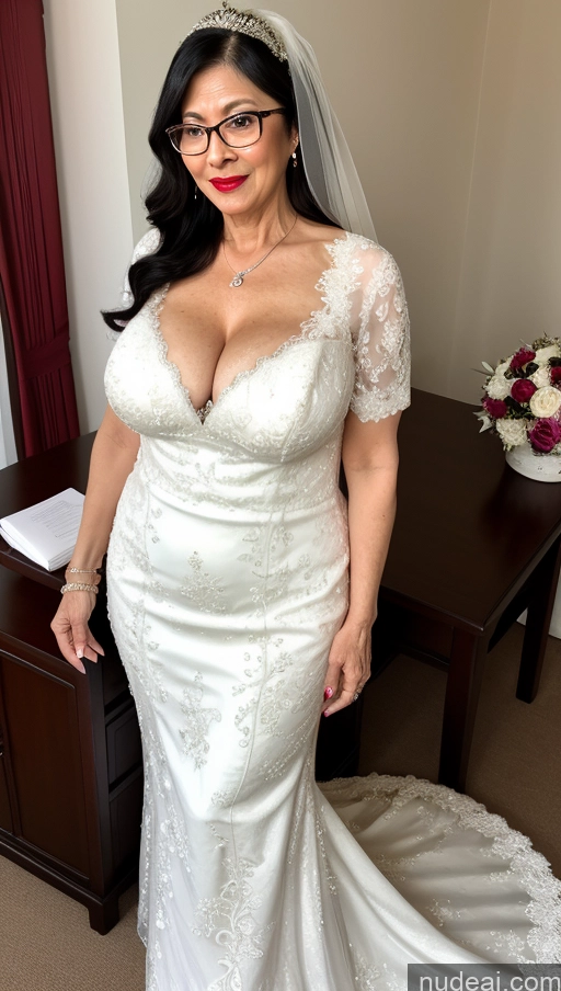 ai nude image of arafed woman in a wedding dress posing for a picture pics of Milf One Busty Big Ass Big Hips Pubic Hair Fairer Skin Lipstick Black Hair Asian Glasses Wedding 60s