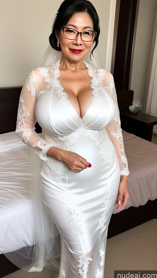 ai nude image of araffe woman in a wedding dress posing for a picture pics of Milf One Busty Big Ass Big Hips Pubic Hair Fairer Skin Lipstick Black Hair Asian Glasses Wedding 60s Transparent