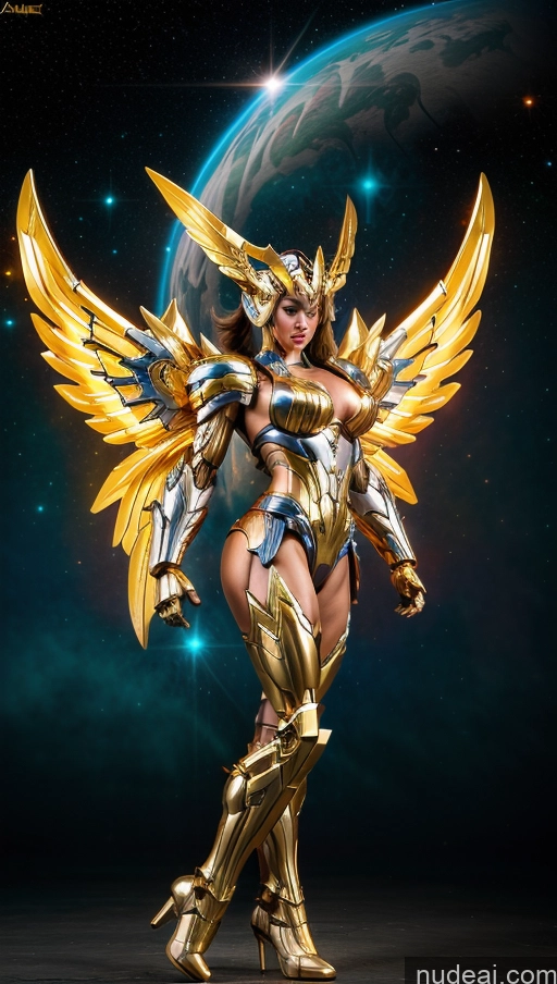 ai nude image of a close up of a woman in a gold costume with wings pics of Bodybuilder Perfect Boobs Has Wings Powering Up SSS: A-Mecha Musume A素体机娘 Regal