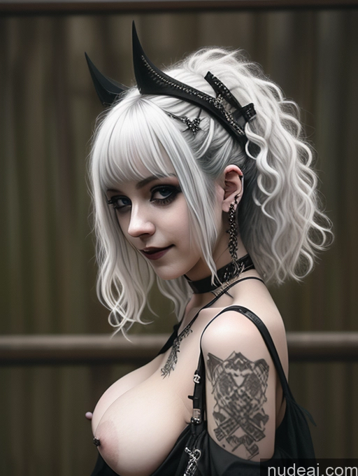 ai nude image of blond haired woman with horns and tattoos posing for a picture pics of Busty Perfect Boobs Laughing Close-up View Gothic Punk Girl Curly Hair White Hair Model 18 Sexy Face German Beautiful