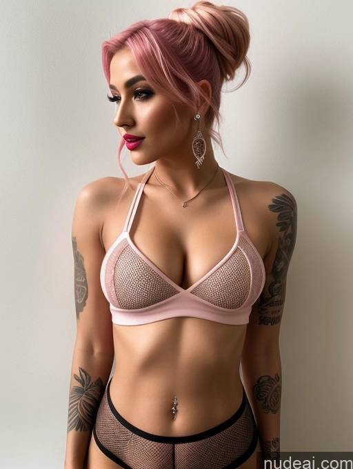 ai nude image of arafed woman with pink hair and tattoos posing for a picture pics of Beautiful Perfect Boobs Lipstick Abs Seductive Indian 18 Tanned Skin Hair Bun Tattoos Pink Hair Crop Top Fishnet