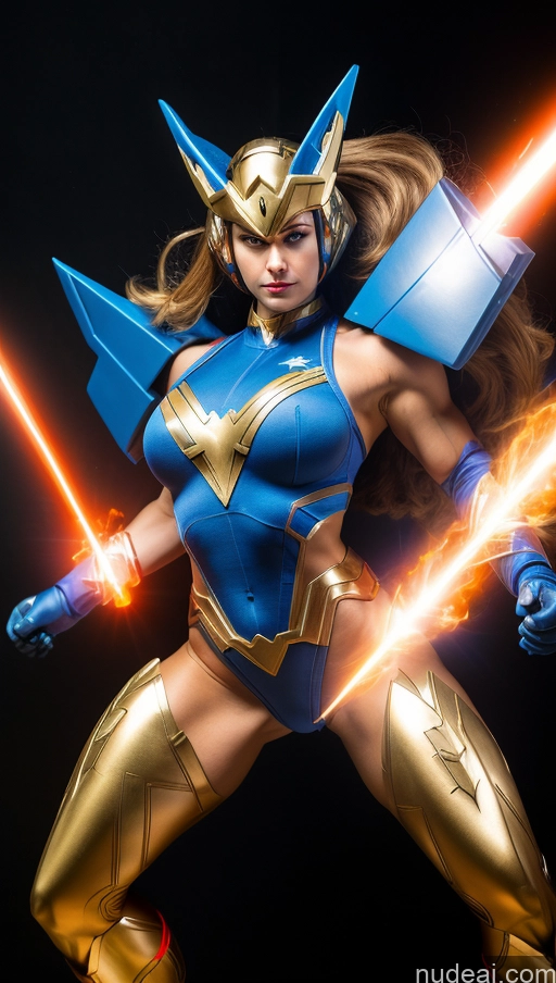 ai nude image of a close up of a woman in a blue and gold outfit pics of Israel Bodybuilder Muscular Abs Busty Superhero Powering Up Jewish Perfect Boobs Dynamic View Heat Vision Small Tits SSS: A-Mecha Musume A素体机娘