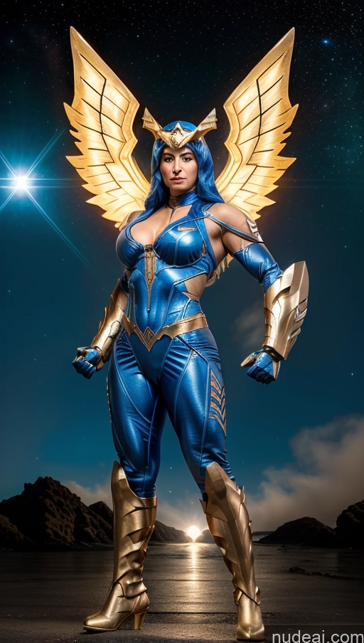 ai nude image of arafed woman in a blue and gold costume standing in front of a star field pics of Bodybuilder Perfect Boobs Superhero Israel Powering Up Abs Has Wings Muscular SSS: A-Mecha Musume A素体机娘 Regal Jewish