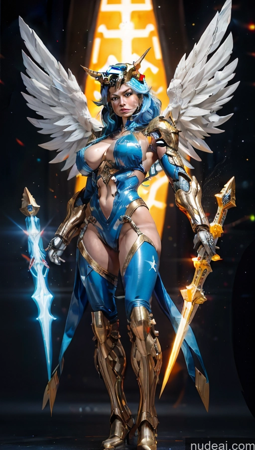 ai nude image of a woman in a blue outfit holding a sword and a sword pics of Bodybuilder Superhero Israel Powering Up Abs Has Wings Muscular SSS: A-Mecha Musume A素体机娘 Regal Jewish Busty