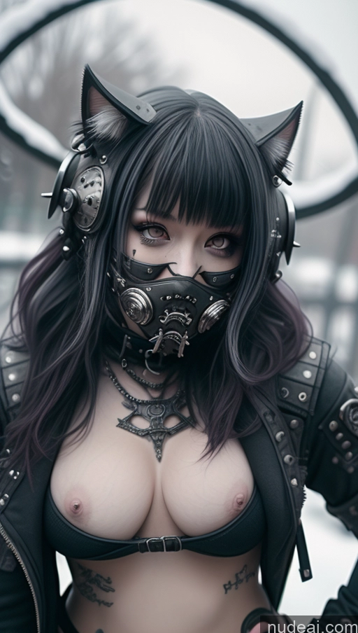 ai nude image of arafed woman with a mask and a leather jacket posing for a picture pics of Athlete Busty Perfect Boobs Laughing Ginger Nigerian Snow Close-up View Nude Steampunk Gothic Punk Girl Cat Demon