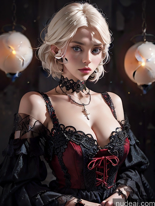 Fairer Skin Serious Bobcut Detailed Huge Sagging Breasts Medieval Surrealist Busty Scandinavian Pearl Jewelry Cleavage Modern Victorian Fashion Dress Ghotic Style V1 White Hair 80s Milf Dark Lighting Vampire Victorian