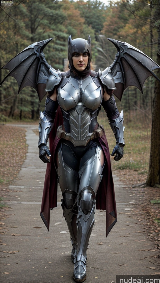 ai nude image of araffe dressed in armor walking down a path in a forest pics of Mech Suit Fantasy Armor Sci-fi Armor Batwoman Muscular Abs Bodybuilder Perfect Boobs Neon Lights Clothes: Purple Has Wings