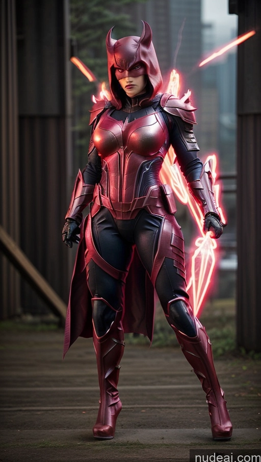 ai nude image of araffe dressed in a red costume with a lightning bolt pics of Mech Suit Fantasy Armor Sci-fi Armor Batwoman Muscular Abs Perfect Boobs Neon Lights Clothes: Purple Has Wings Bodybuilder Lipstick Powering Up Heat Vision Dynamic View