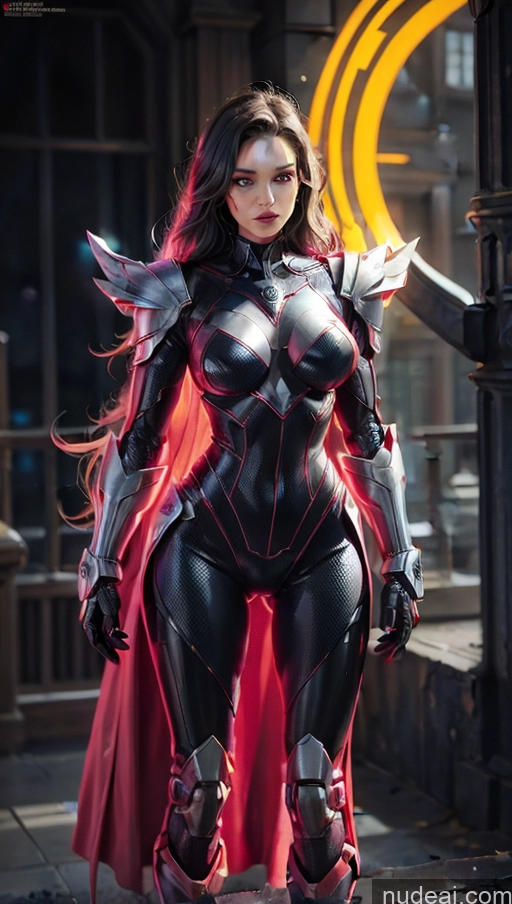 ai nude image of arafed woman in a black and red costume standing on a sidewalk pics of Mech Suit Fantasy Armor Sci-fi Armor Batwoman Muscular Abs Perfect Boobs Neon Lights Clothes: Purple Has Wings Lipstick Powering Up Heat Vision Dynamic View Cyborg