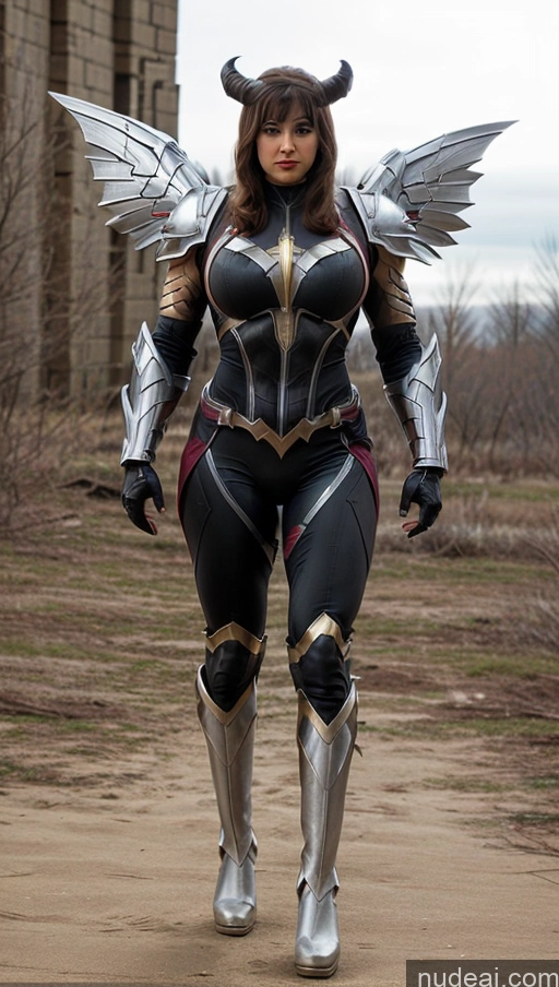 ai nude image of araffe dressed in a costume with wings and armor walking on a dirt path pics of Mech Suit Fantasy Armor Sci-fi Armor Muscular Abs Perfect Boobs Neon Lights Clothes: Purple Has Wings Lipstick Powering Up Mary Thunderbolt Bodybuilder