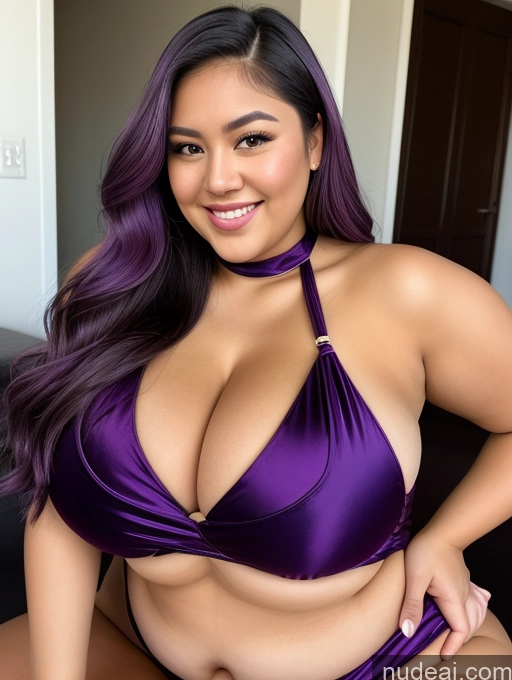 ai nude image of arafed woman in a purple bikini posing for a picture pics of Sorority Busty Huge Boobs Beautiful Perfect Boobs Thick Chubby Fat 30s Happy Purple Hair Filipina Close-up View One Piece Swimsuit Satin