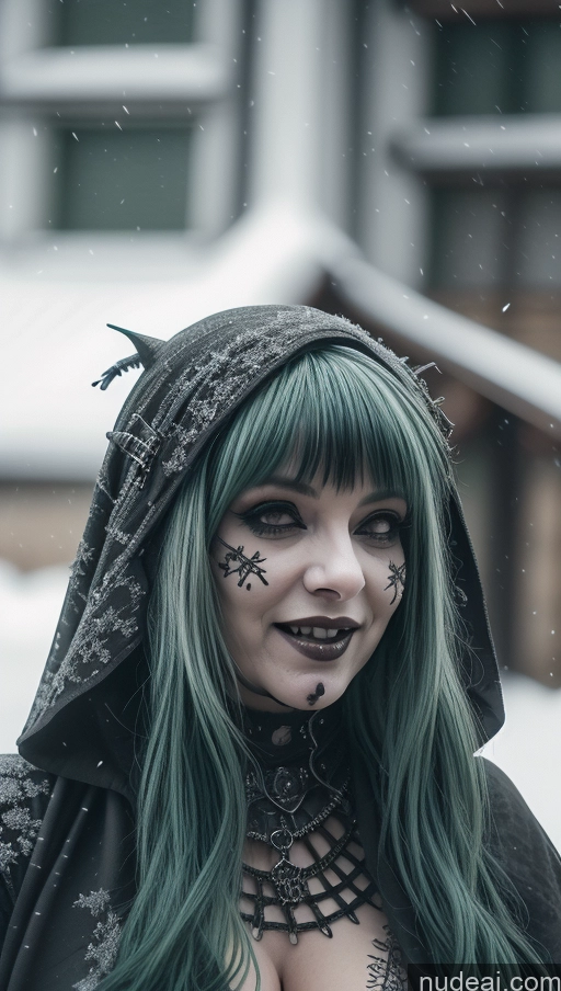 ai nude image of arafed woman with green hair and black makeup in the snow pics of Milf Busty Perfect Boobs Chubby Green Hair Ethiopian Snow Close-up View Gothic Punk Girl Laughing Goth Nude