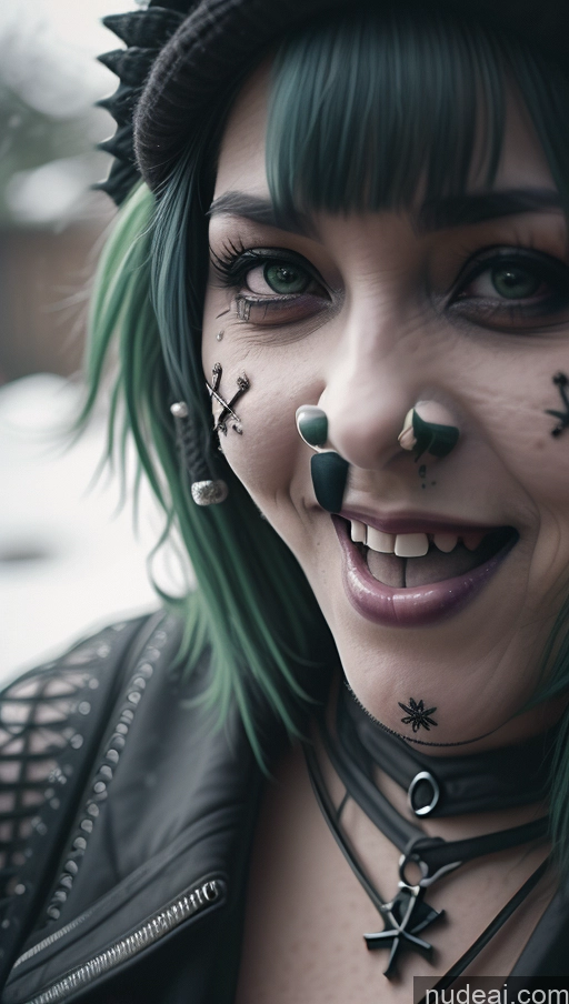 ai nude image of arafed woman with green hair and piercings smiling for the camera pics of Milf Busty Perfect Boobs Chubby Green Hair Ethiopian Snow Close-up View Gothic Punk Girl Laughing Goth Nude