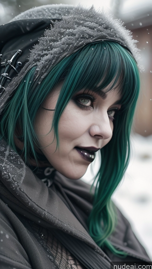 ai nude image of arafed woman with green hair and black makeup in the snow pics of Milf Busty Perfect Boobs Chubby Green Hair Ethiopian Snow Close-up View Gothic Punk Girl Laughing Goth Nude