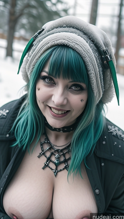 ai nude image of arafed woman with green hair and a hat posing for a picture pics of Milf Busty Perfect Boobs Chubby Green Hair Ethiopian Snow Close-up View Gothic Punk Girl Laughing