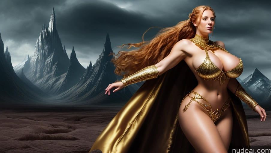 ai nude image of arafed woman in a golden outfit and cape in a desert pics of Woman Huge Boobs Perfect Boobs Muscular Big Ass Skinny Abs Fat Big Hips Long Legs Tall Fairer Skin Oiled Body 30s Ginger Braided Russian Nude Fantasy Armor Medieval Gold Jewelry Detailed Death Knight Hell Surrealist