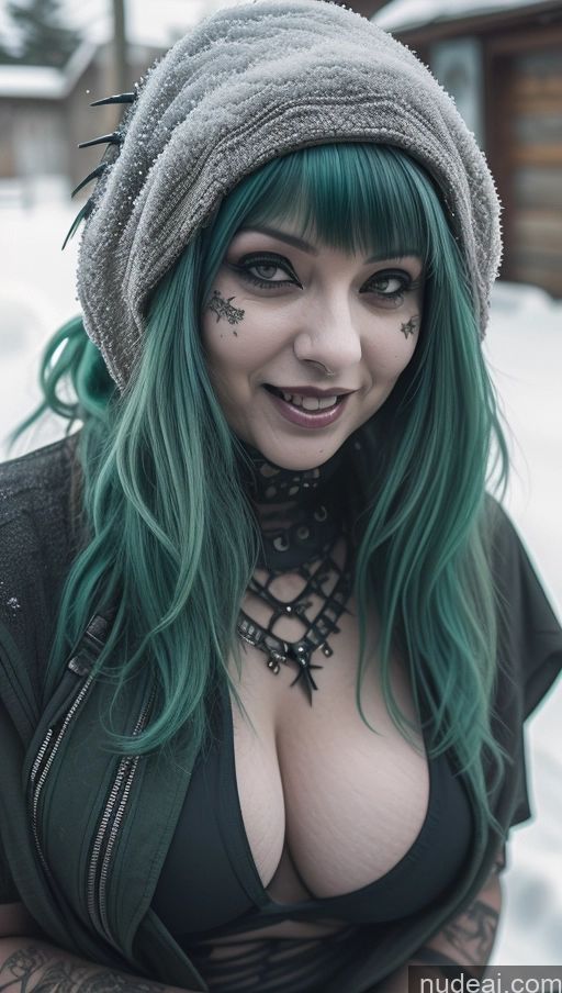 ai nude image of arafed woman with green hair and tattoos posing for a picture pics of Milf Busty Perfect Boobs Chubby Green Hair Ethiopian Snow Close-up View Gothic Punk Girl Laughing