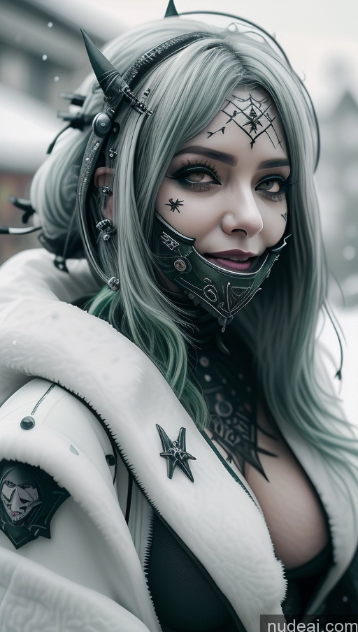 ai nude image of arafed woman with green hair and a black mask and a white coat pics of Milf Chubby Green Hair Ethiopian Snow Laughing Futuristic Busty Perfect Boobs Close-up View Gothic Punk Girl Cleavage