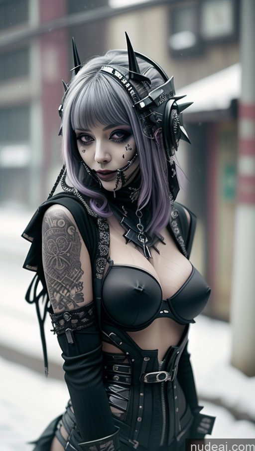 ai nude image of araffe woman with purple hair and black leather outfit posing for a picture pics of Milf Chubby Ethiopian Snow Futuristic Busty Goth Close-up View Perfect Boobs Gothic Punk Girl Purple Hair Topless Laughing