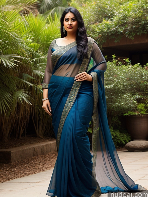 ai nude image of araffe woman in a blue sari standing in a garden pics of Woman Chubby 30s Black Hair Long Hair Indian Sari Transparent