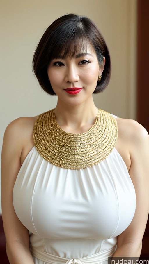 ai nude image of arafed woman in a white dress with a gold necklace pics of Woman One Huge Boobs Beautiful Lipstick Fairer Skin 40s Short Hair Korean Close-up View Detailed Traditional Dress